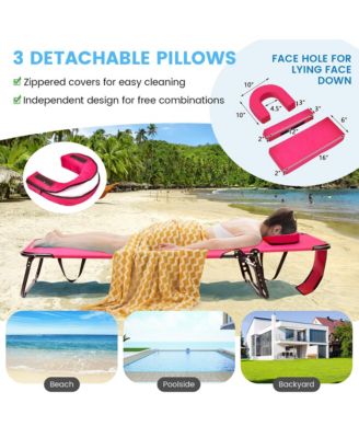 5-Position Lounge Chair Adjustable Beach Chaise w/ Face Cavity & Pillows
