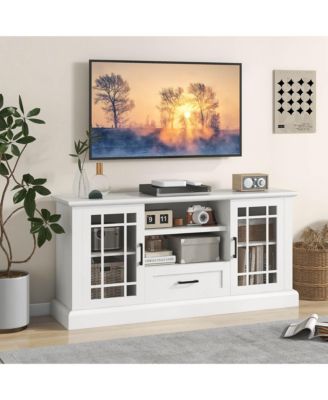 1 PC Wood Farmhouse TV Stand for TVs up to 70'' Media Center w/Glass Doors Cubbies & Drawer