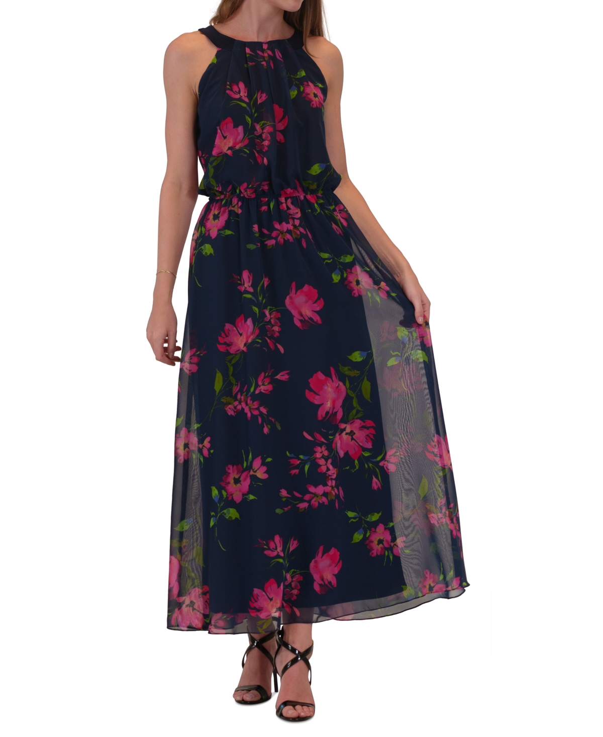 Women's Halter Blouson Sleeveless Maxi Dress - Navy Multi