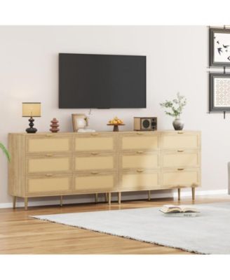 Rattan 6 Drawer Dresser, Farmhouse Wooden Chest of Drawers with 5 Metal Legs, Golden Handles, Wide Double Drawer Dresser for Bedroom, Living Room