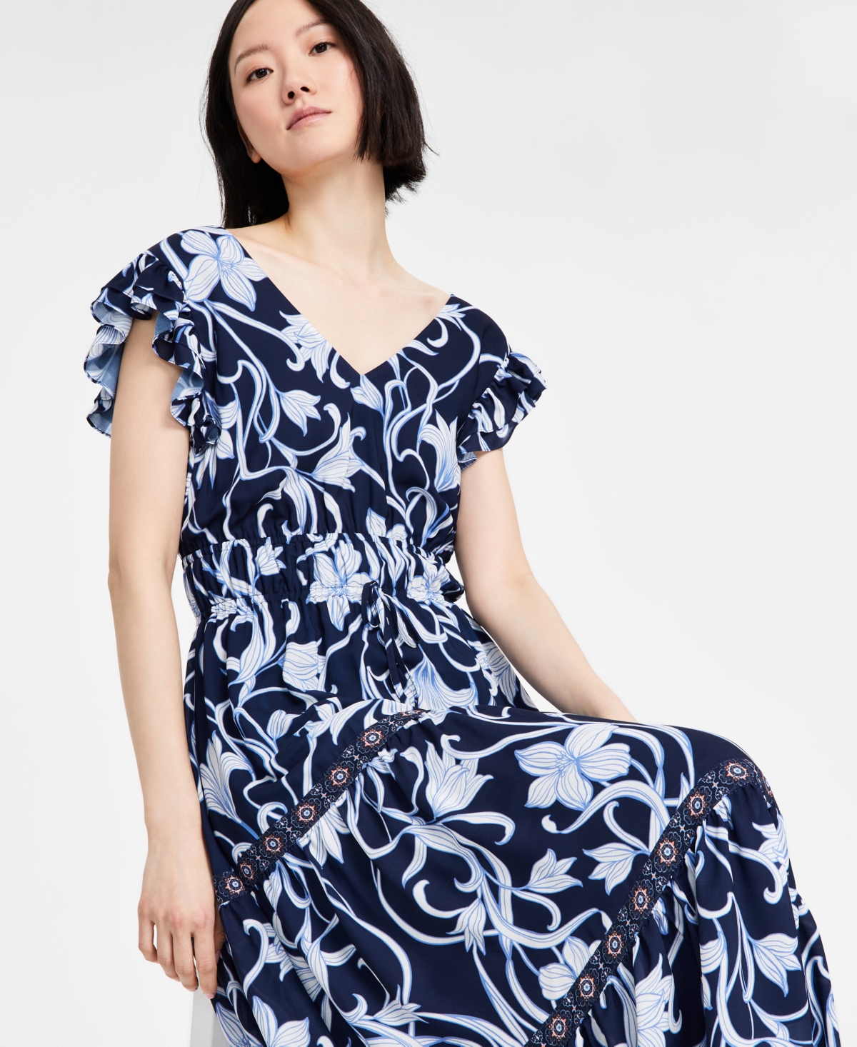 Anne Klein Women's Printed Border-trim Drawstring Maxi Dress In Distant Mountain Multi