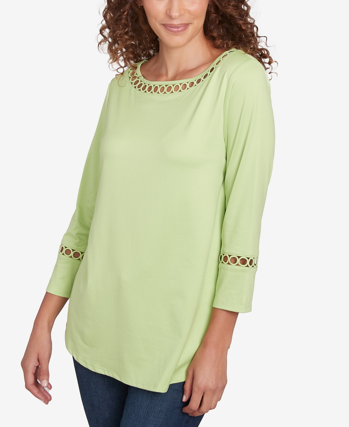 Ruby Rd. Petite Solid Stretch Jersey Three Quarter Sleeve Top In Avocado