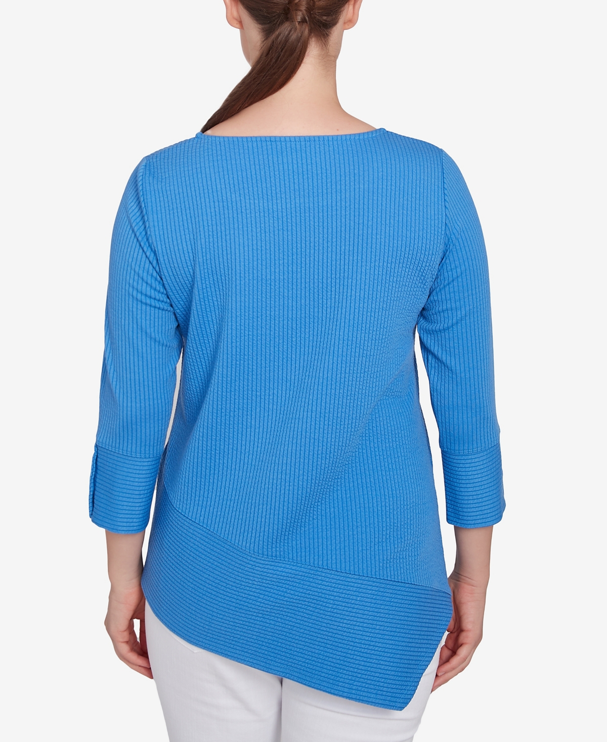 Ruby Rd. Petite Cable Stripe Ottoman Three Quarter Sleeve Top In Azure