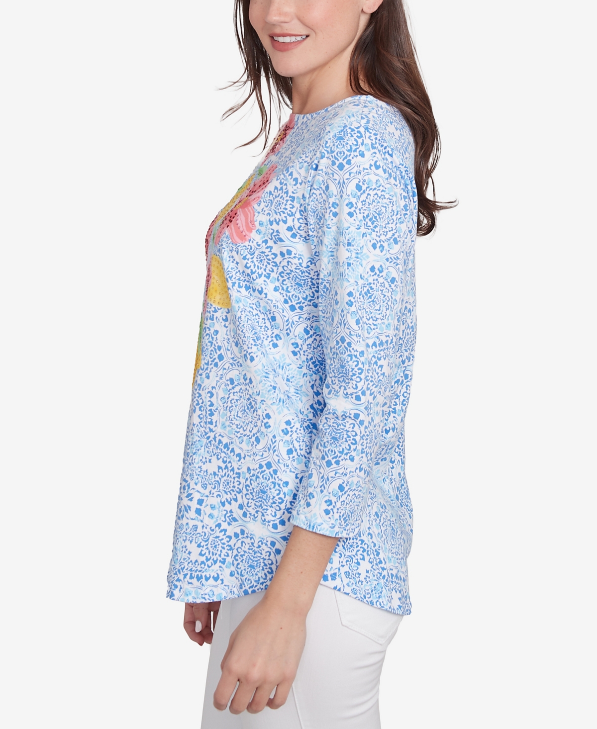 Ruby Rd. Petite Medallion Bold Floral Three Quarter Sleeve T-shirt In Bluebird Multi