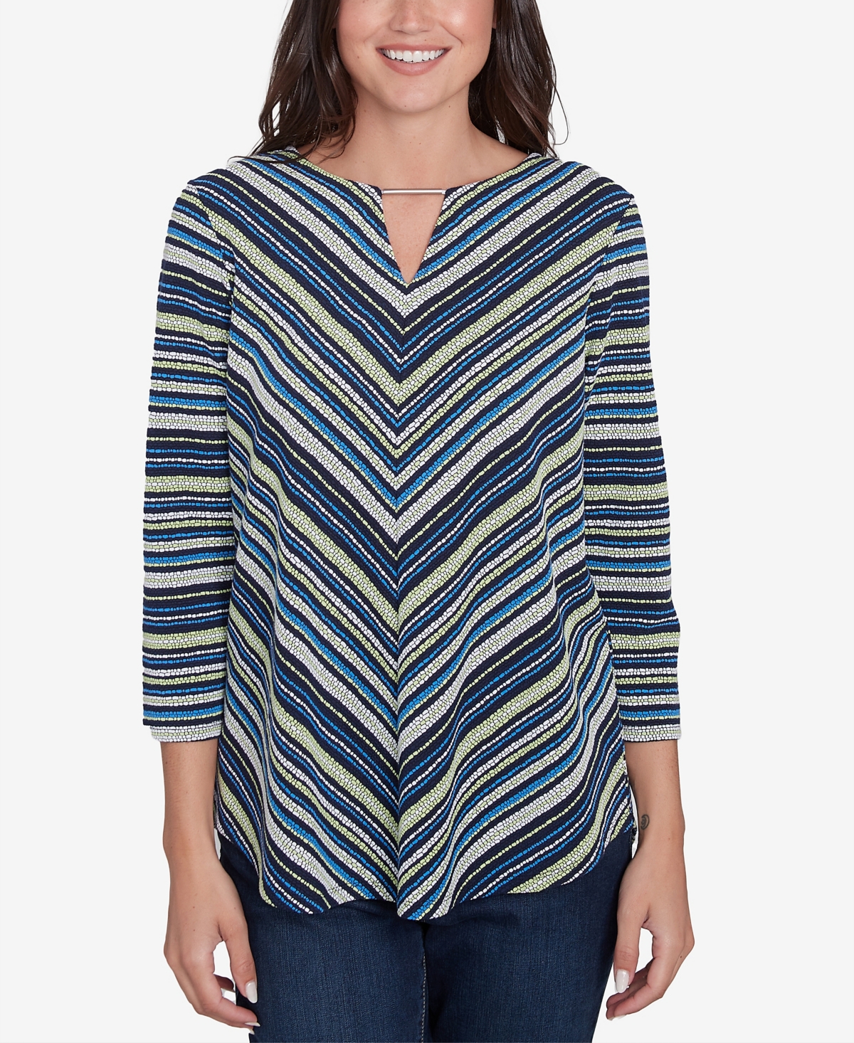 Petite Pebble Stripe Knit Three Quarter Sleeve Top - True Navy Multi