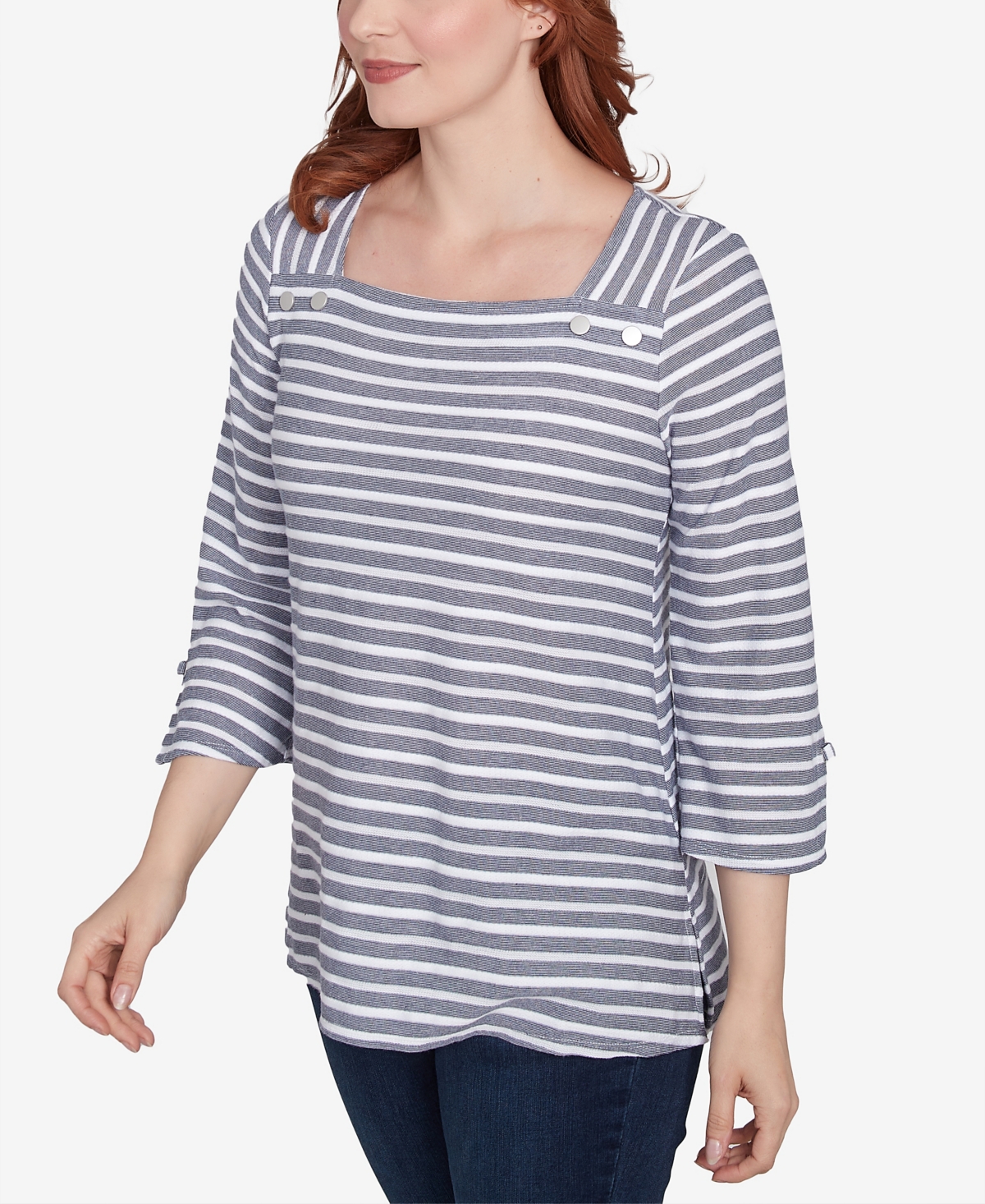 Ruby Rd. Petite Ribbon Stripe Laced Sleeve Top In True Navy Multi