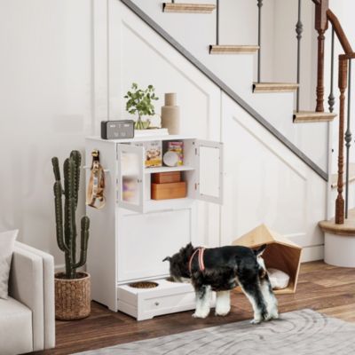 Dog Feeding Station w/ 2 Storage Cabinet, Side Hooks, Anti-tip Kit