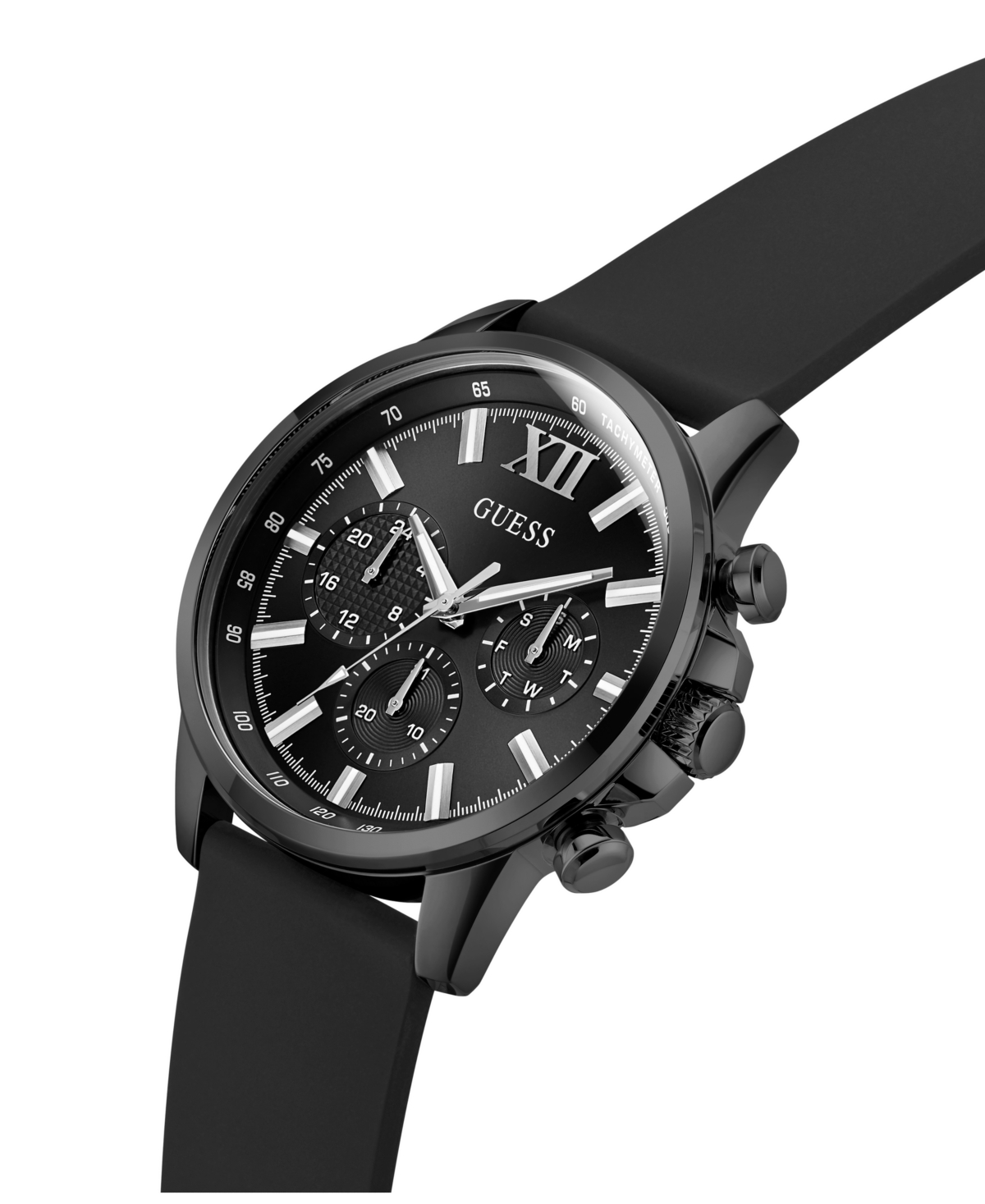 Guess Men's Multi-function Black Silicone Watch, 44mm In Black