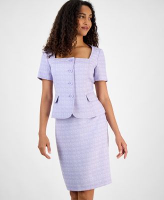 Women's Tweed Square-Neck Button-Front Jacket & Slim Skirt Set, Regular & Petite