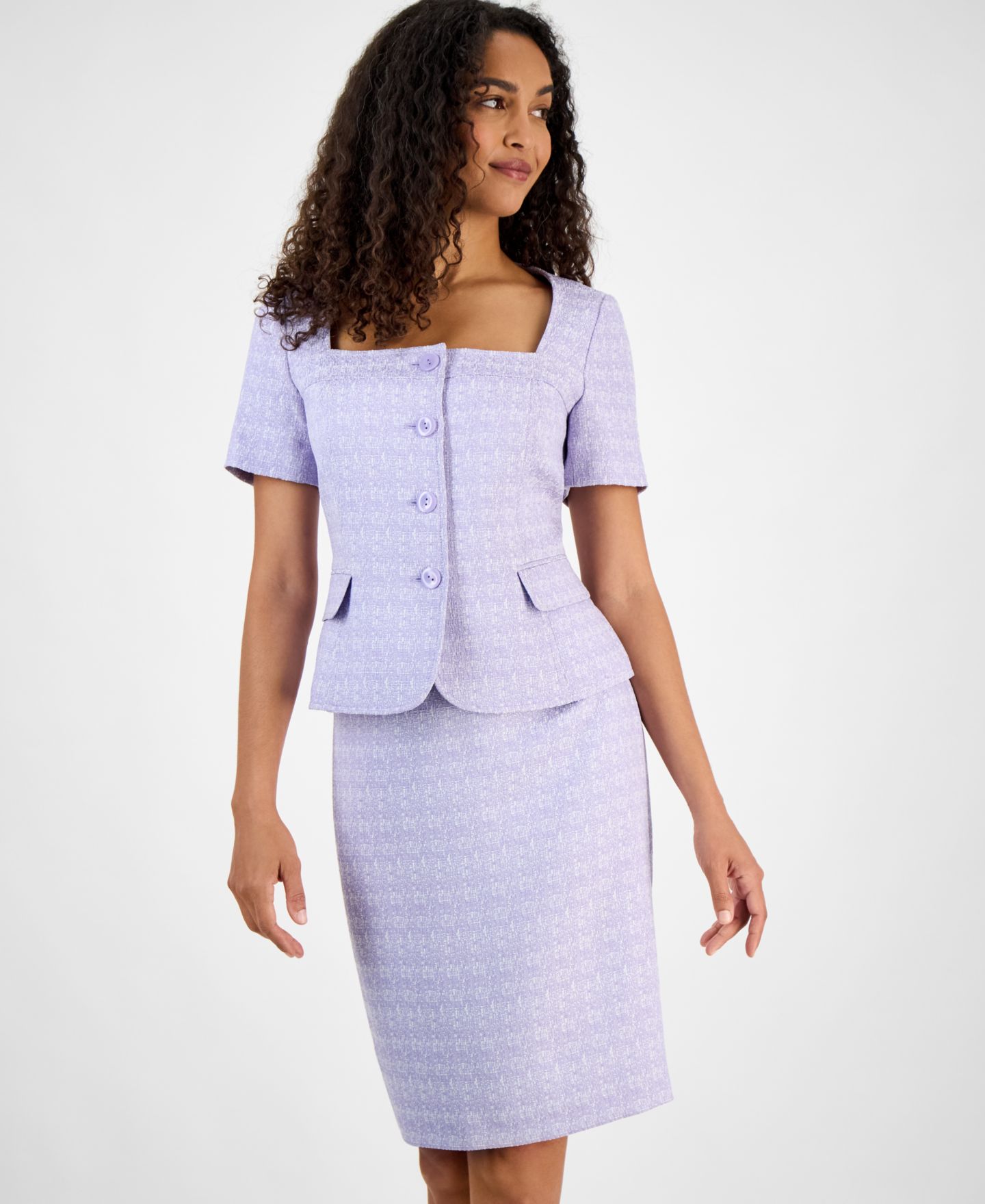 Женские юбки Le Suit Tweed Square-Neck Button-Front Jacket & Slim 2 Piece Skirt Suit, цвет: Сиреневый / Белый — фото 3