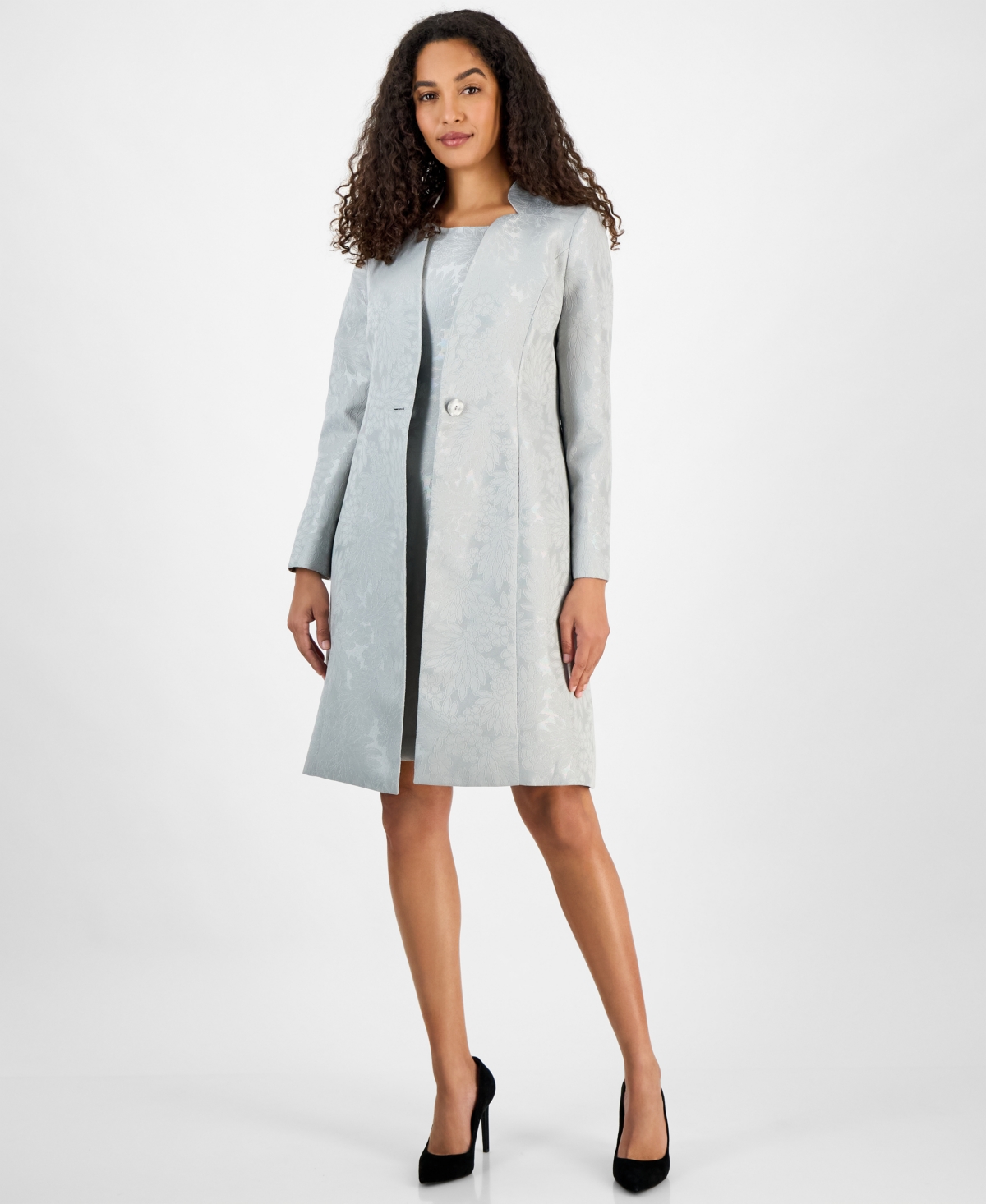 Le Suit Women's One-button Long-sleeve Topper Jacket & Sleeveless Sheath Dress In Platinum