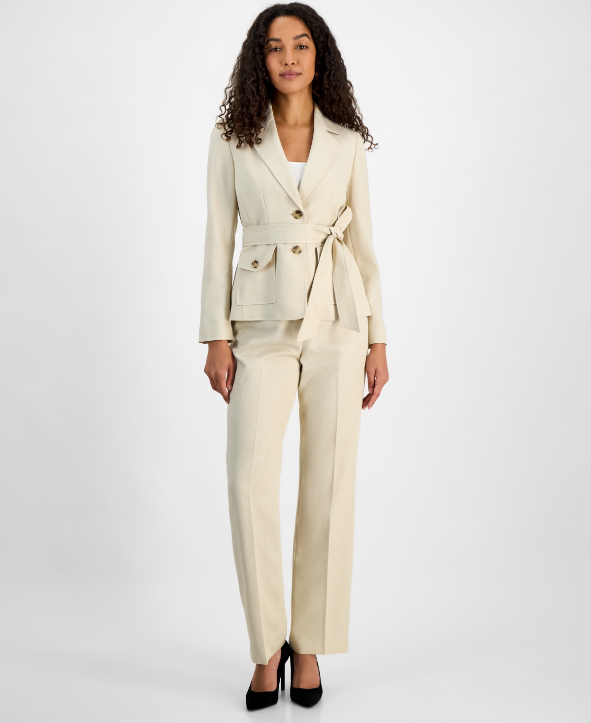 Le Suit Petites Womens Woven Notch Collar Two-button Blazer In Khaki Multi
