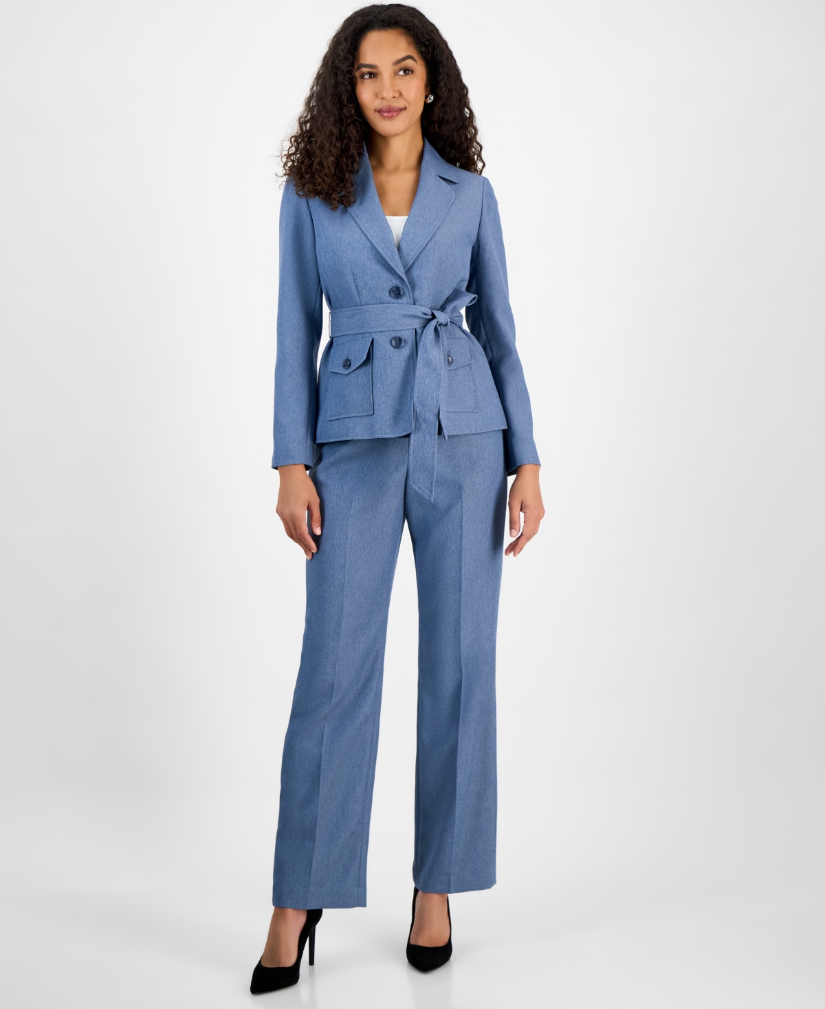 Women's Two-Button Belted Safari Jacket & Mid-Rise Straight-Leg Pants - Khaki Multi