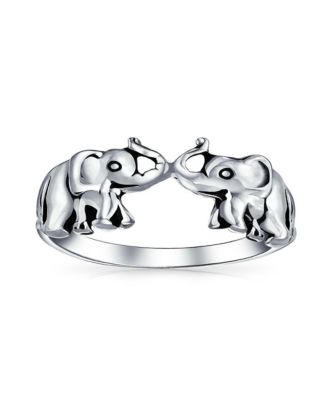 Good Luck Trunk Up Zoo Animal Two Elephants Ring Oxidized .925 Sterling Silver