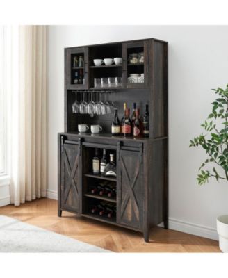 70" Tall Farmhouse Coffee Bar Cabinet, Sliding Barn Doors Wine Bar Cabinet with Storage Shelves, Hutch Cabinet with 6 Bottle Wine Rack and 12 Stemware Slots for Kitchen