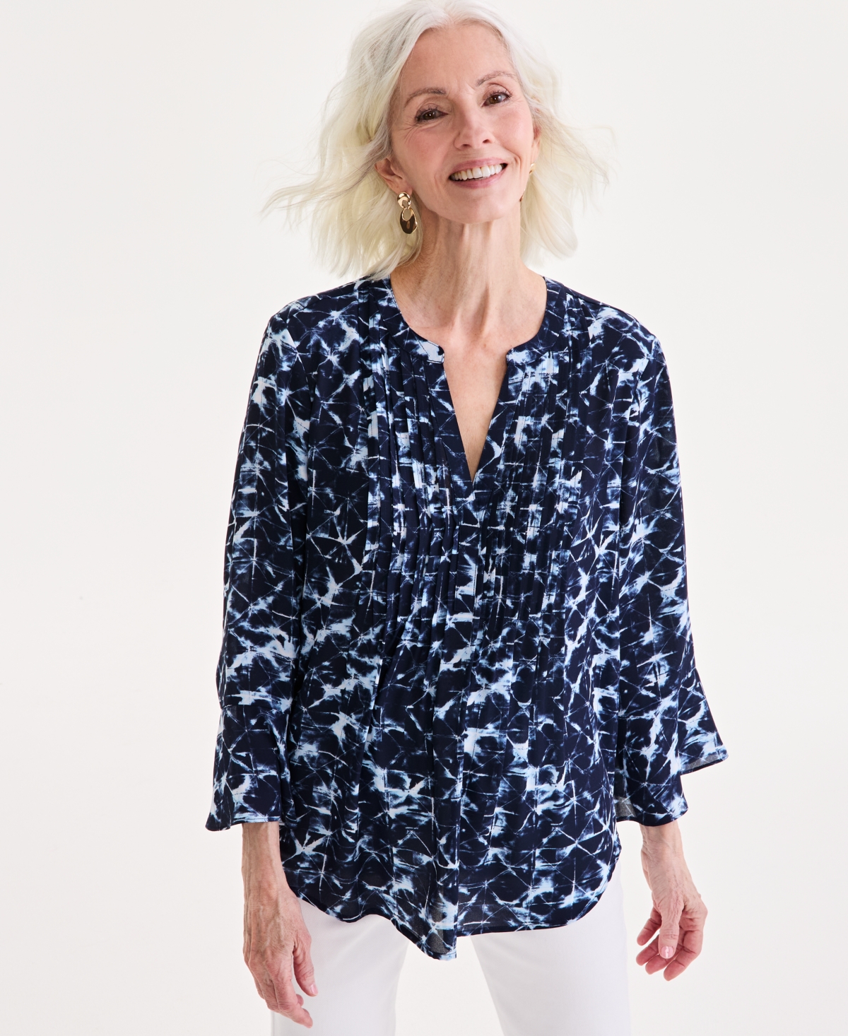 Women's Printed Pintuck Ruffle Sleeve Blouse, Exclusively at Macy's - Ocean Dye