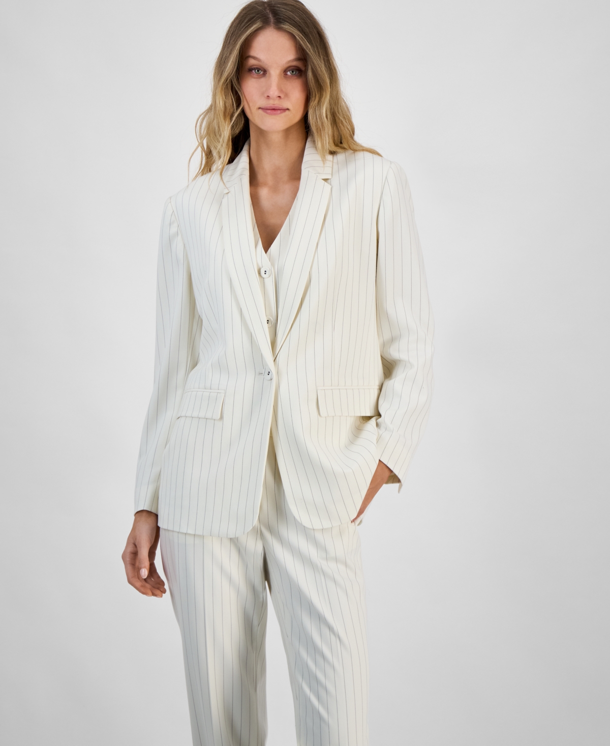 Women's Pinstriped Jacket, Exclusively at Macy's - Bar White/black