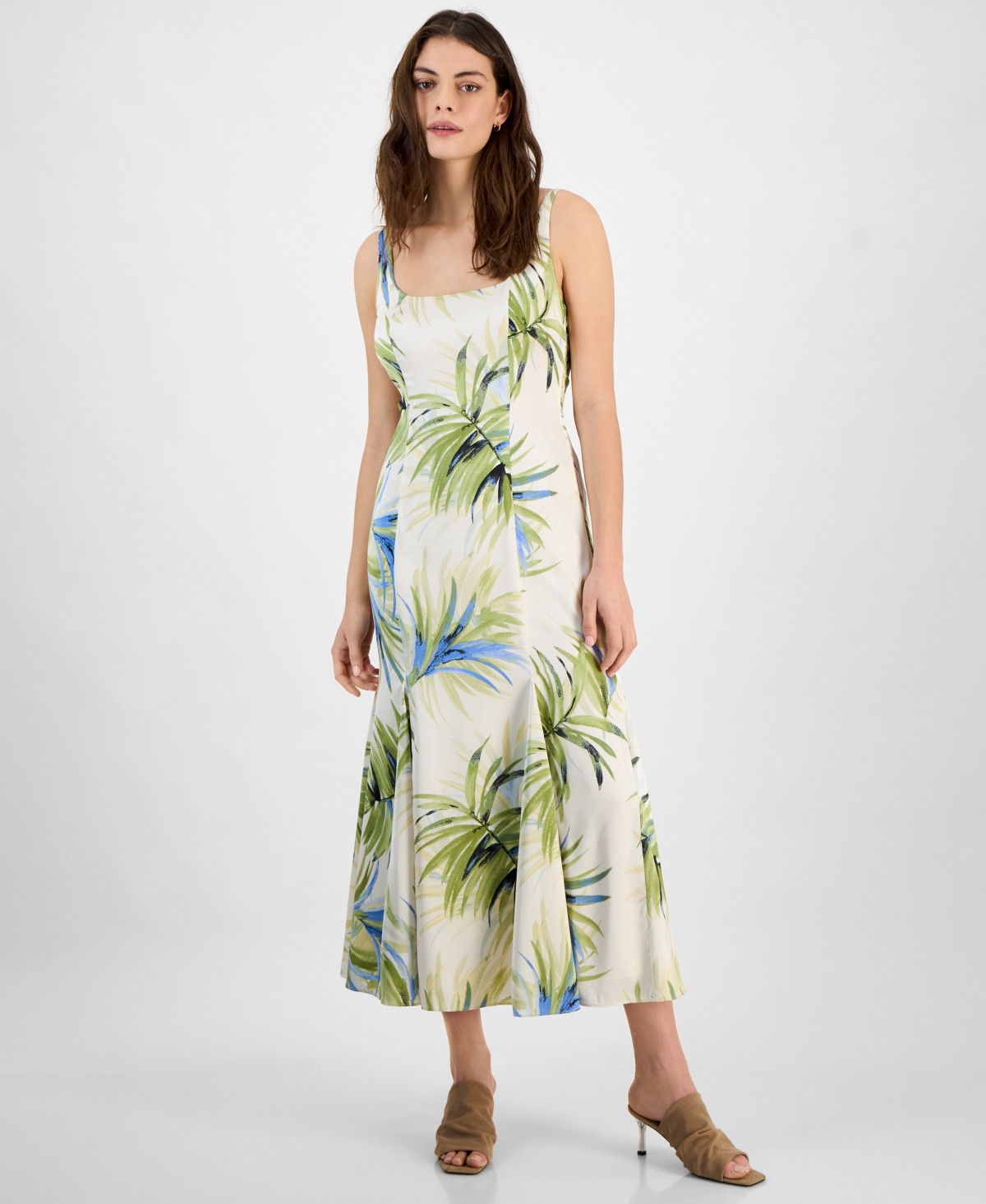 Bar Iii Women's Palm-print Satin Midi Dress, Exclusively At Macy's In Bar White Multi