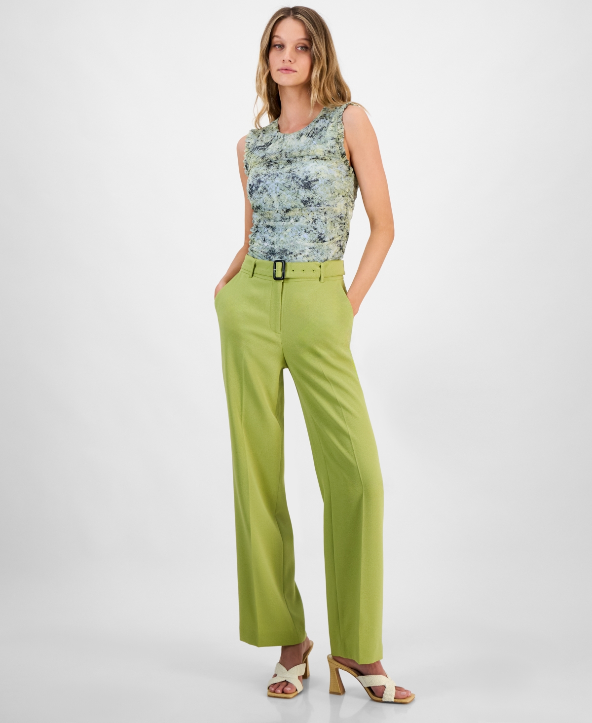 Bar Iii Women's Printed Ruffle-trim Mesh Sleeveless Top, Exclusively At Macy's In Tranquil Green Multi