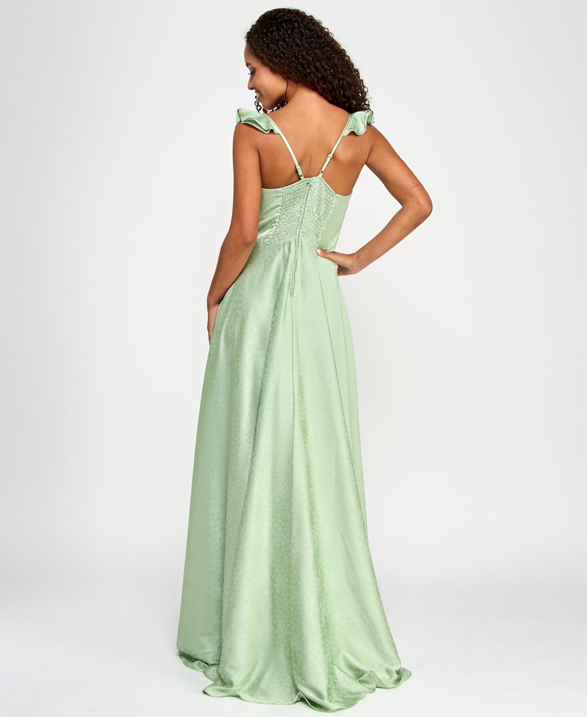 B Darlin Juniors' Satin Sweetheart Ruffle-strap Gown, Created For Macy's In Sage