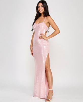 Juniors' Sequin Sweetheart Open-Back Gown