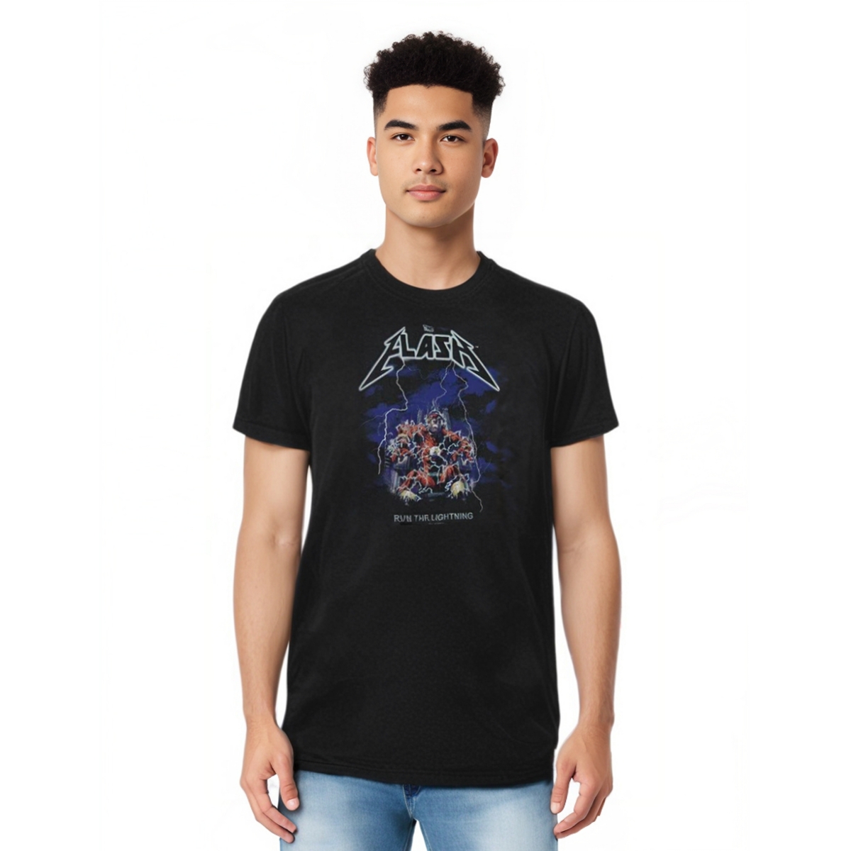 Dc Flash Mens Dc Comics Flash Run The Lightning Adult Heather Tee / T-Shirt - Black