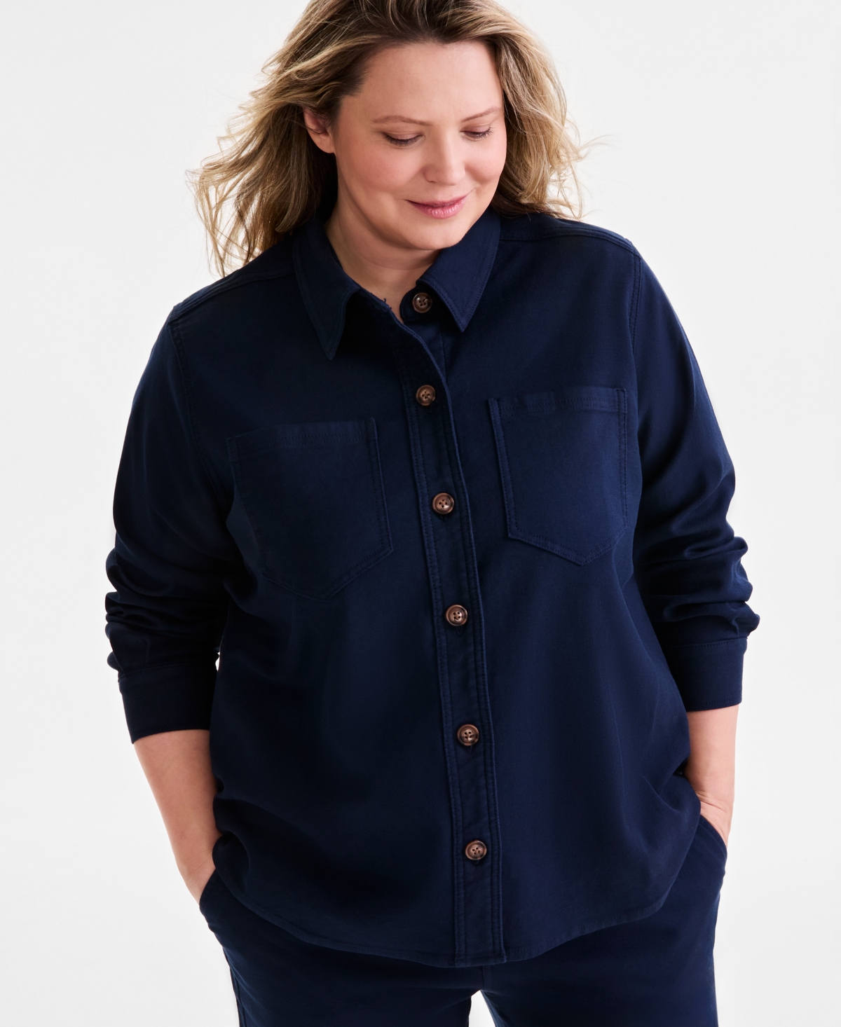 Style & Co Style Co Plus Size Dobby Twill Shacket Graphic Print Tee Wide Leg Pants Exclusively At Macys In Industrial Blue