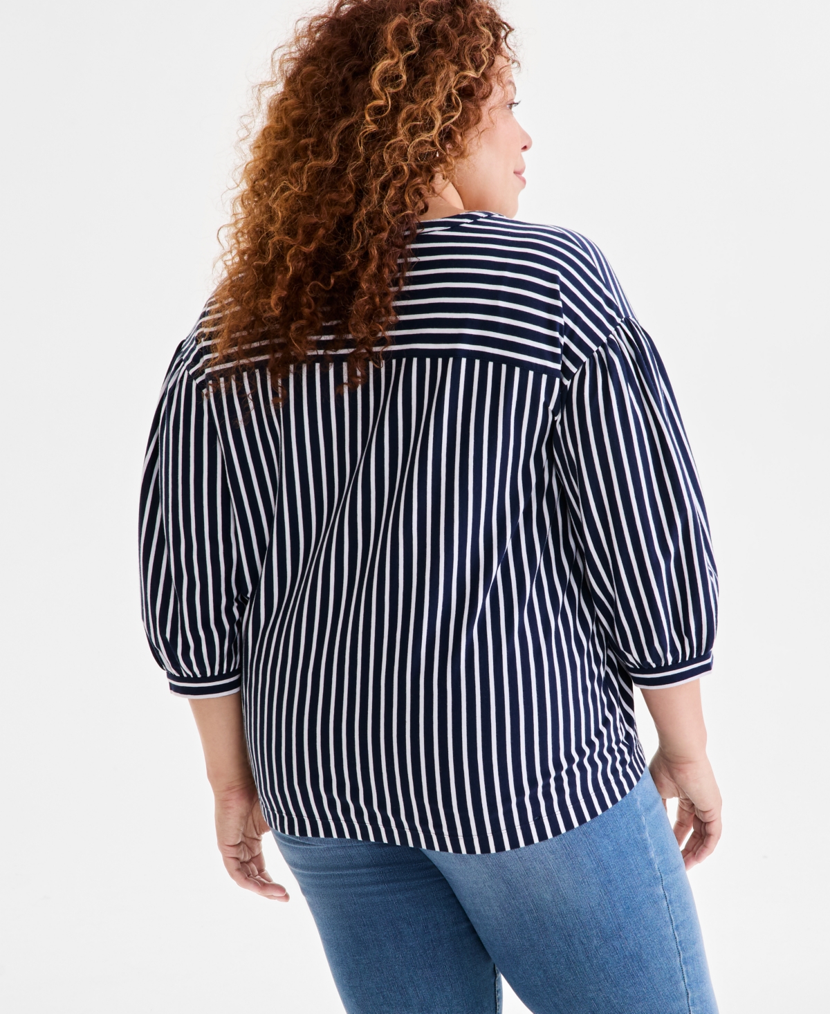 Style & Co Plus Size Printed 3/4-sleeve Top, Exclusively At Macy's In Stripe Blue