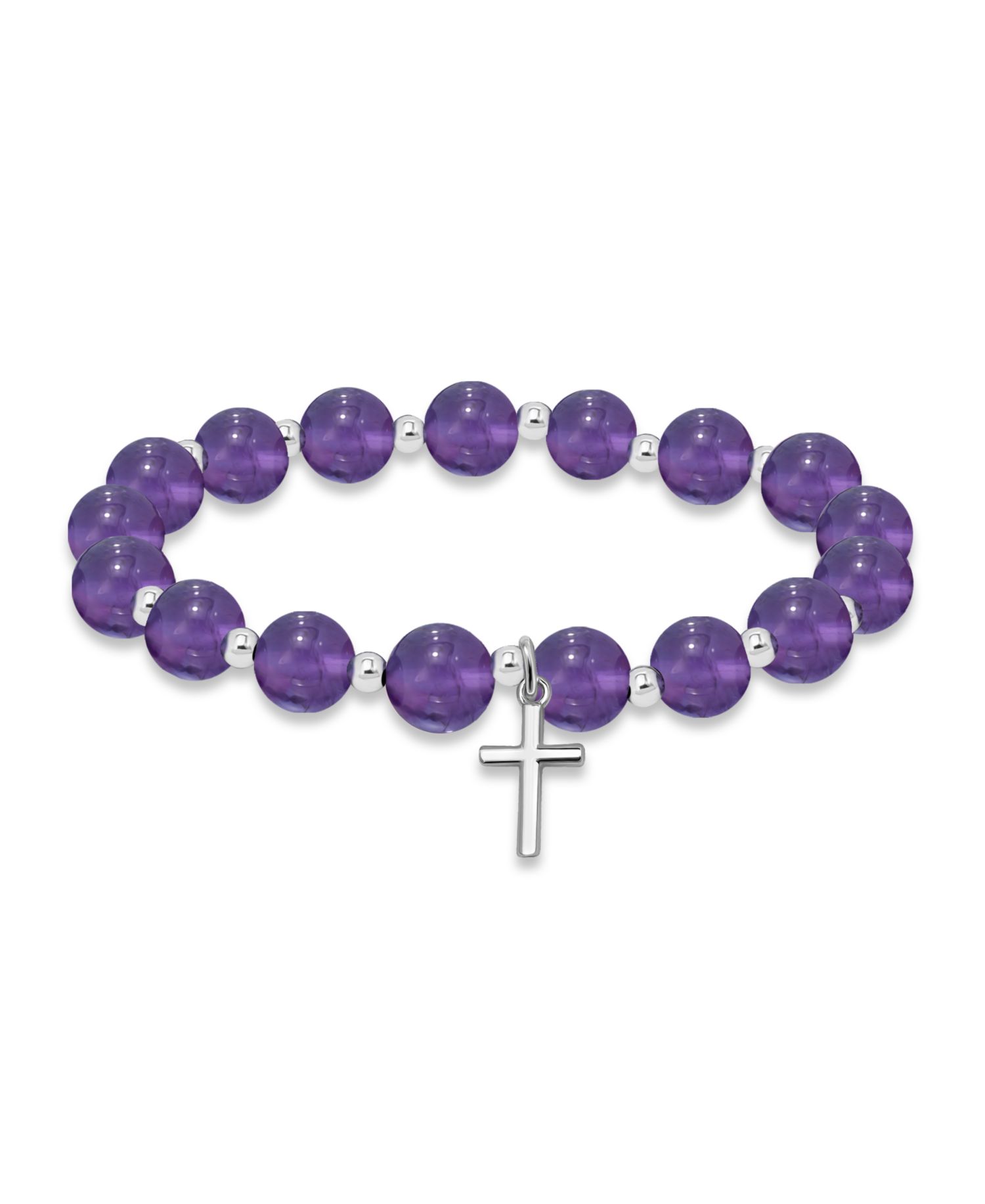Silver-Plated Beaded Cross Charm Stretch Bracelet