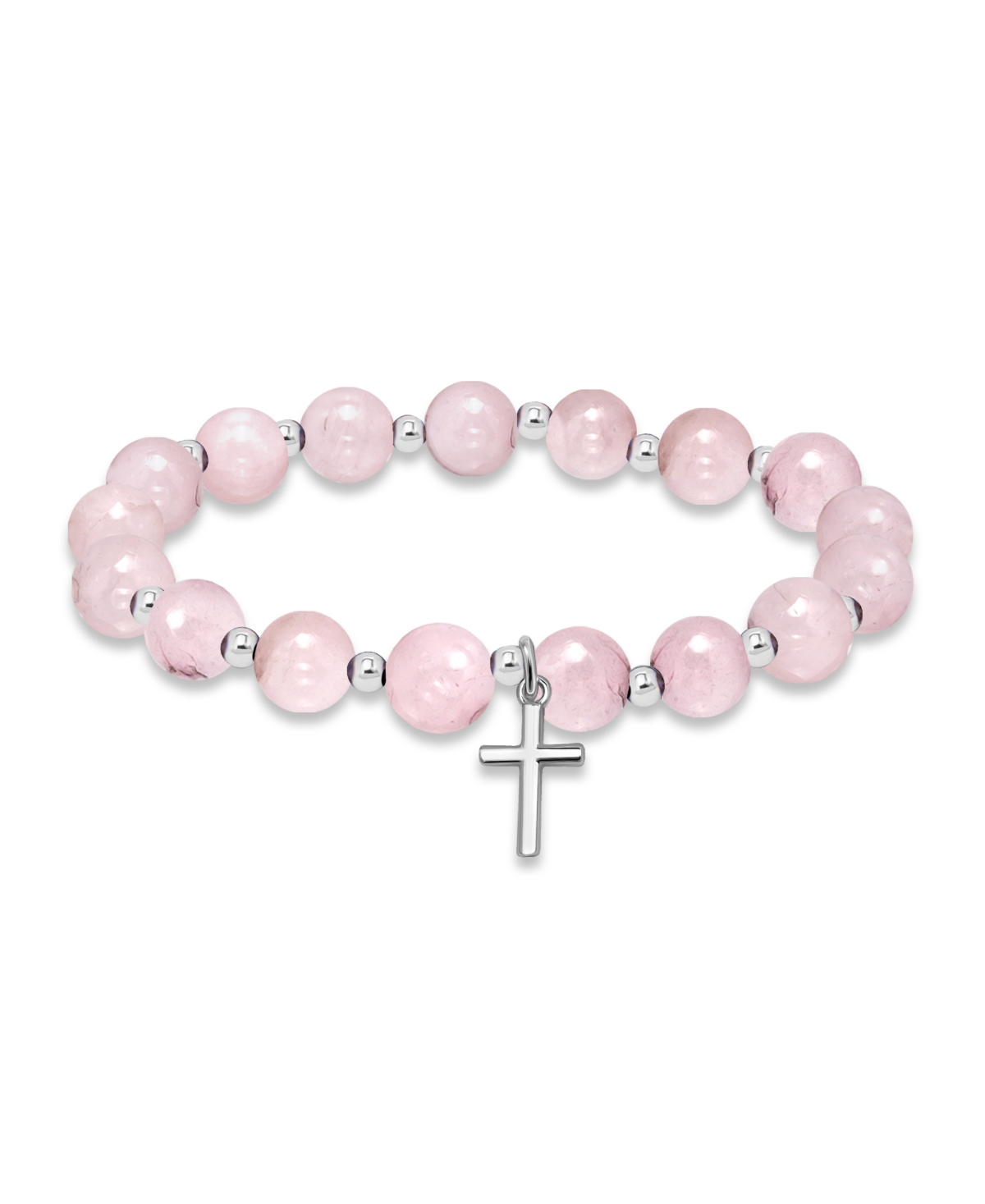 Shop Macy's Silver-plated Beaded Cross Charm Stretch Bracelet In Rose Quartz,silver