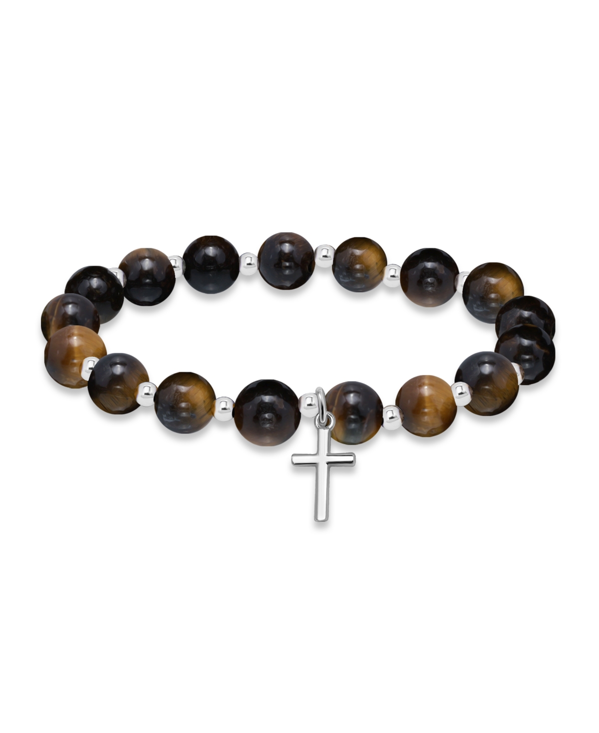 Shop Macy's Silver-plated Beaded Cross Charm Stretch Bracelet In Tigers Eye,silver