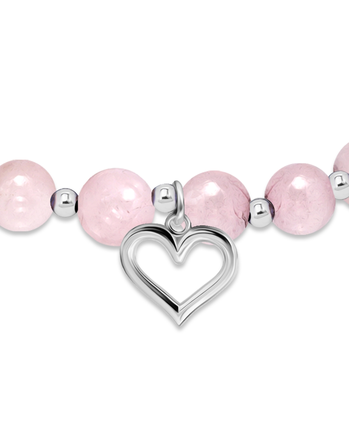 Macy's Silver Plated Beaded Heart Charm Stretch Bracelet In Rose Quartz,silver