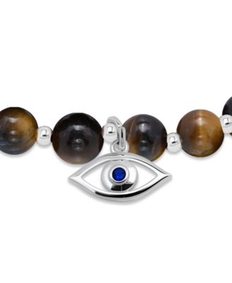 Silver-Plated Beaded Evil Eye Charm Stretch Bracelet