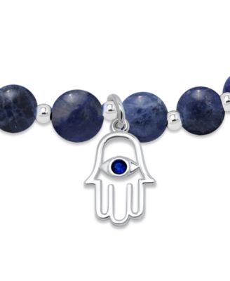 Silver-Plated Beaded Hamsa Hand Charm Stretch Bracelet