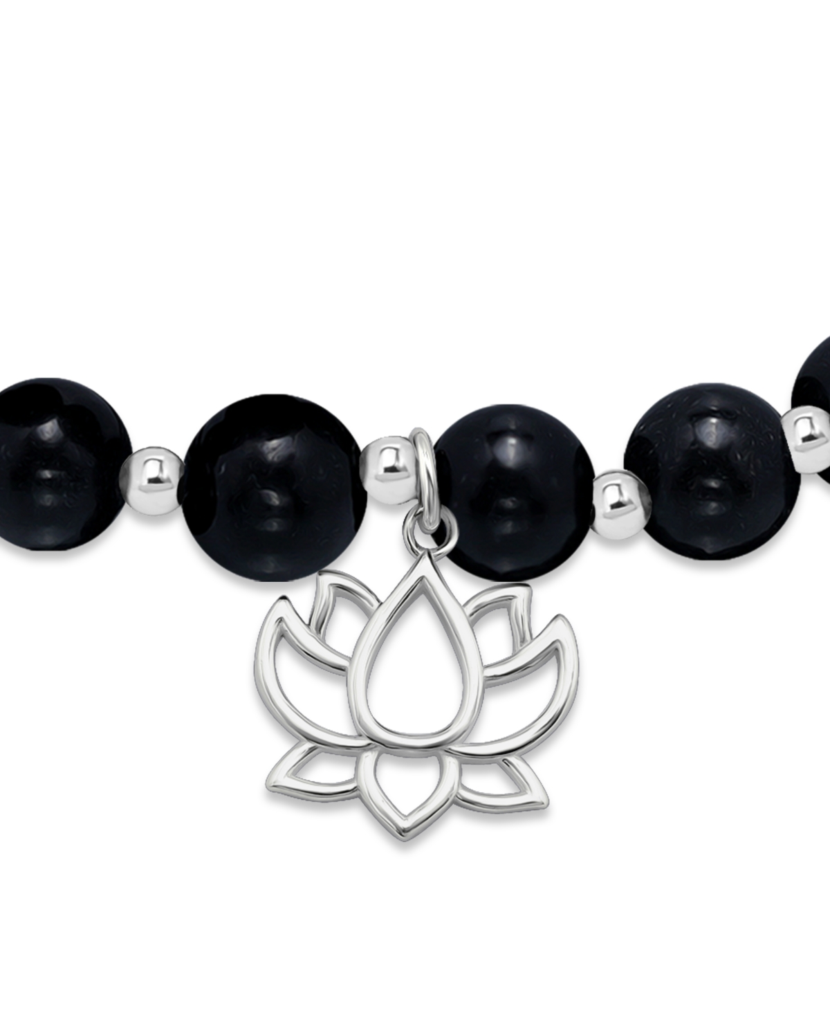 Macy's Silver Plated Beaded Lotus Charm Stretch Bracelet In Onyx,silver