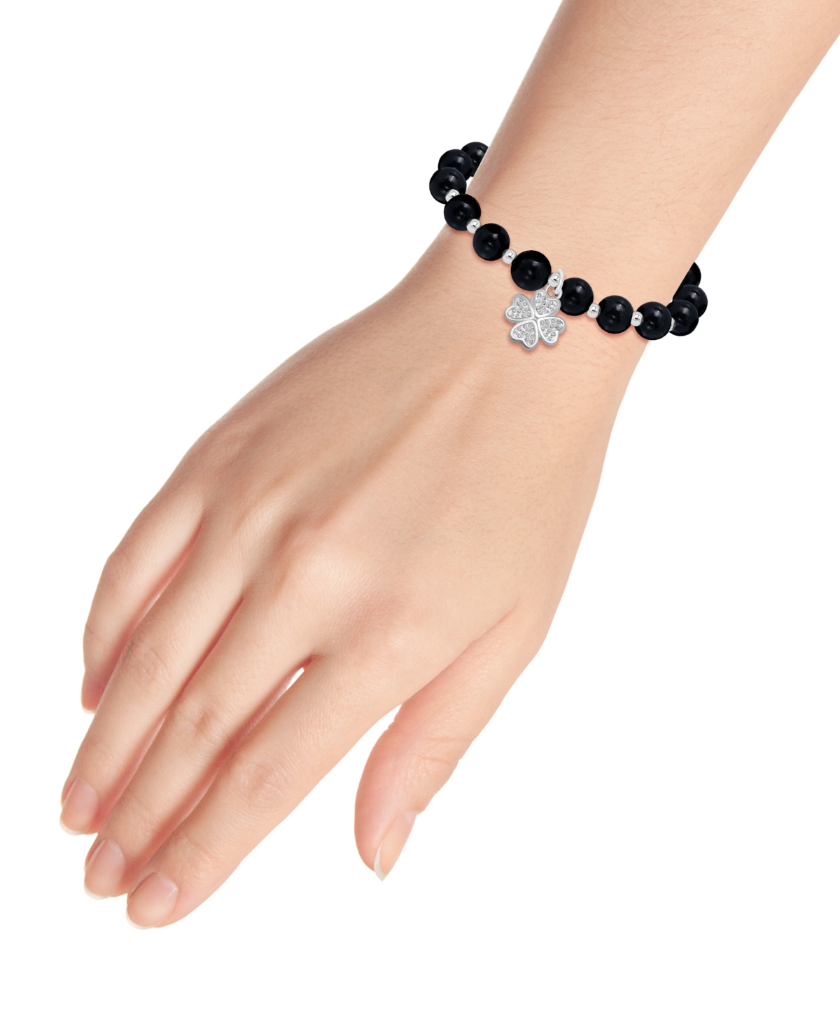 Macy's Silver Plated Beaded Clover Charm Stretch Bracelet In Onyx,silver