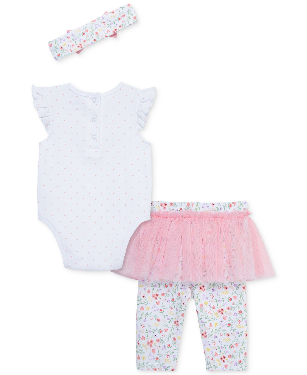 Shop Little Me Baby Girls Swans Bodysuit, Skirted Leggings & Headband, 3 Piece Set In Bright Pink