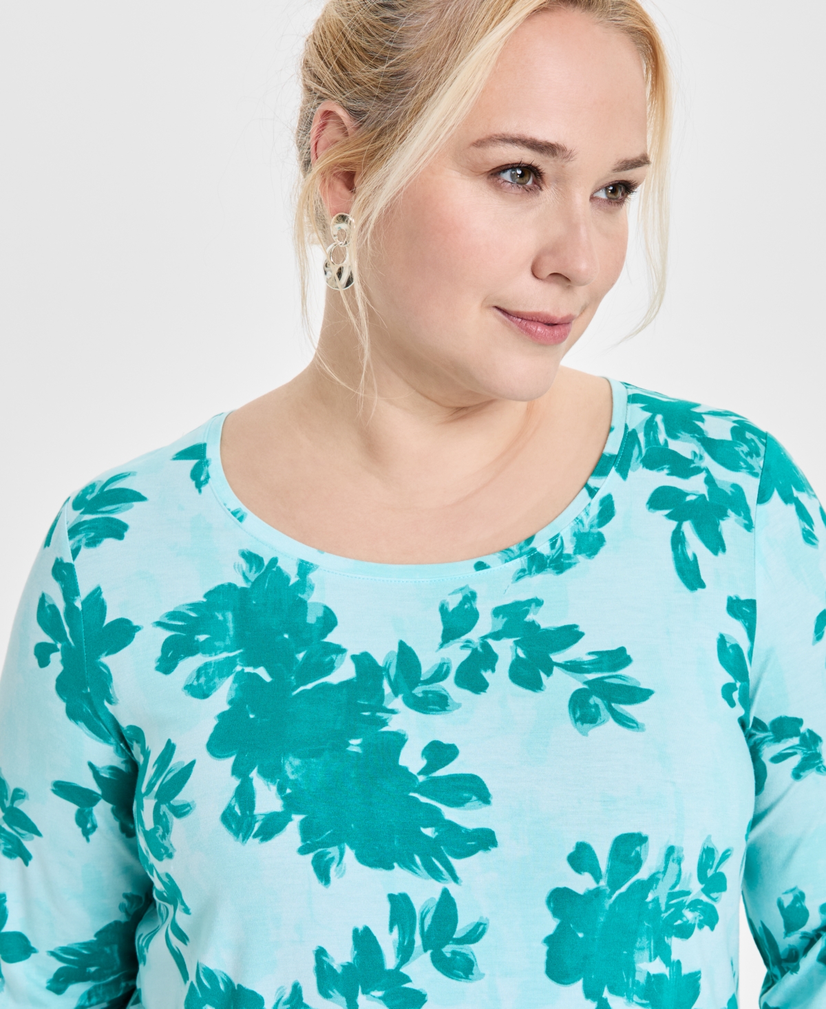 JM COLLECTION PLUS SIZE SCOOP-NECK 3/4-SLEEVE TOP, EXCLUSIVELY AT MACY'S 