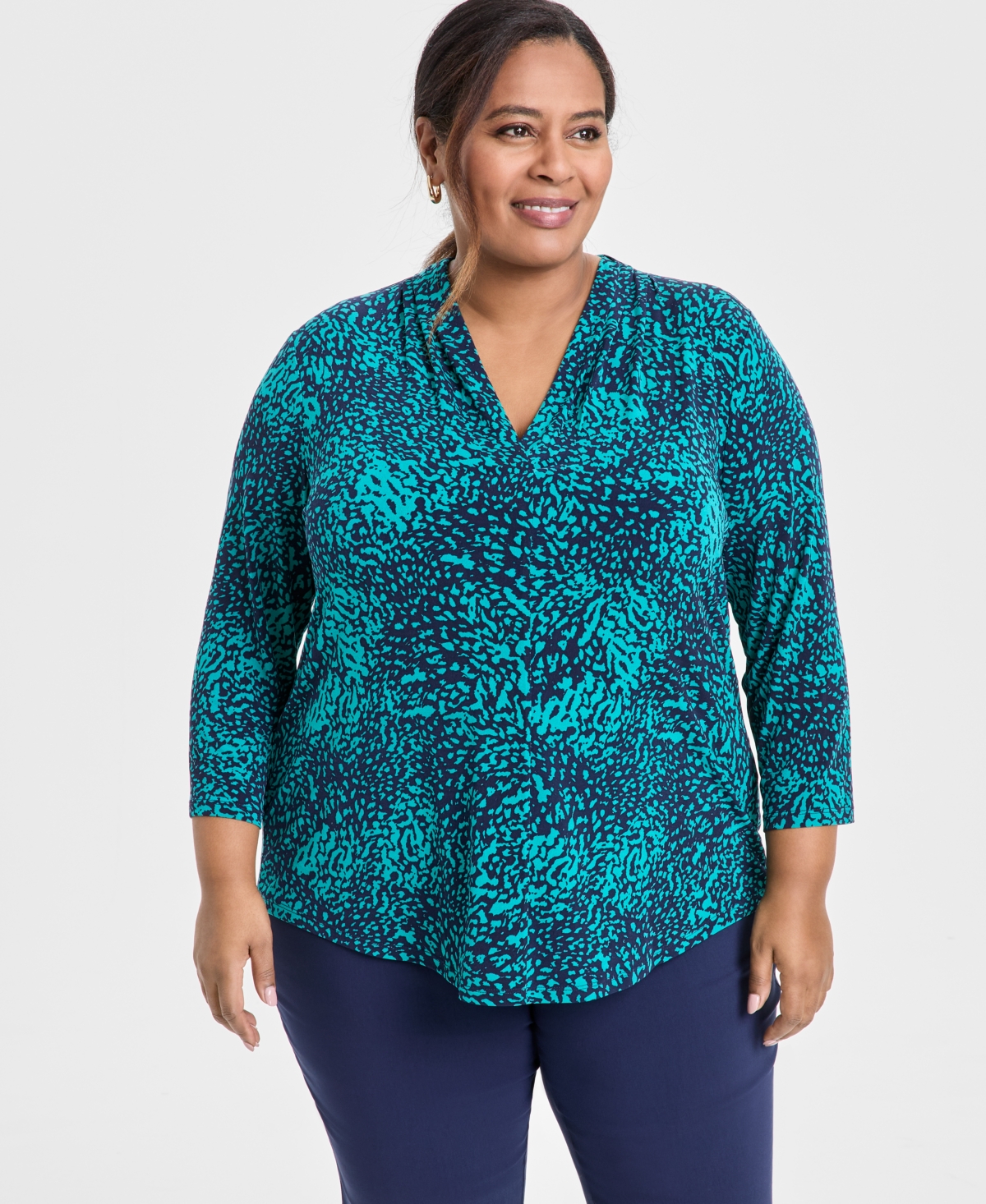 JM COLLECTION PLUS SIZE PRINTED 3/4-SLEEVE TOP, EXCLUSIVELY AT MACY'S 