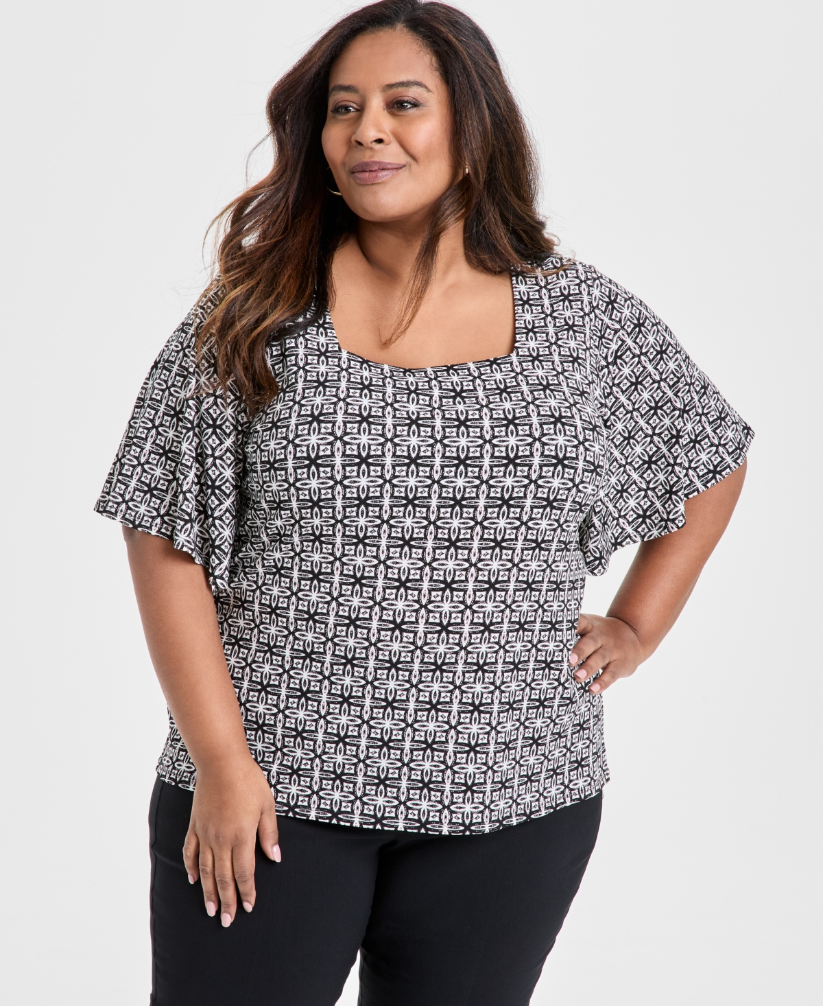 JM COLLECTION PLUS SIZE PRINTED SQUARE-NECK SHORT-SLEEVE TOP, EXCLUSIVELY AT MACY'S 