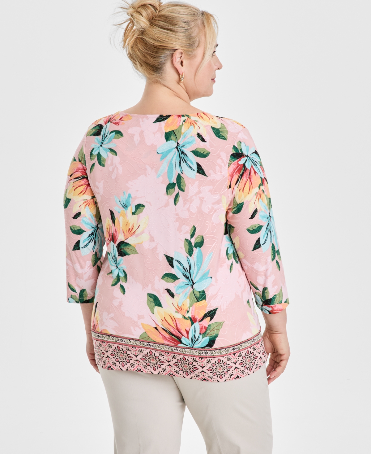 JM COLLECTION PLUS SIZE JACQUARD PRINTED 3/4-SLEEVE TOP, EXCLUSIVELY AT MACY'S 