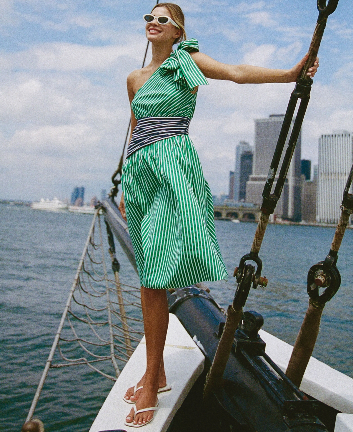 French Connection Alexis Mixed Stripe One-shoulder Cotton Dress In Green