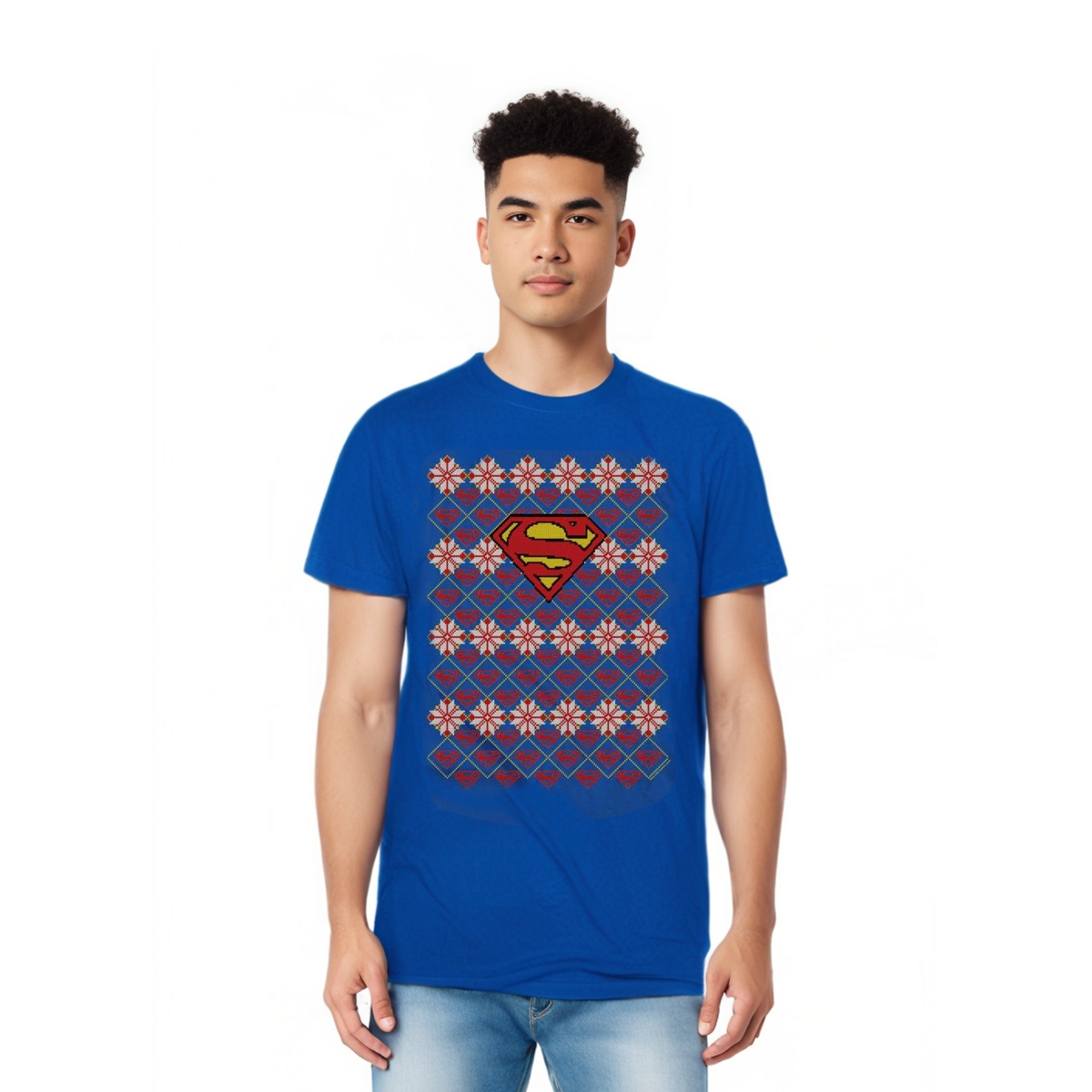 Mens Christmas Sweater Short Sleeve Adult Tee / T-Shirt - Medium blue