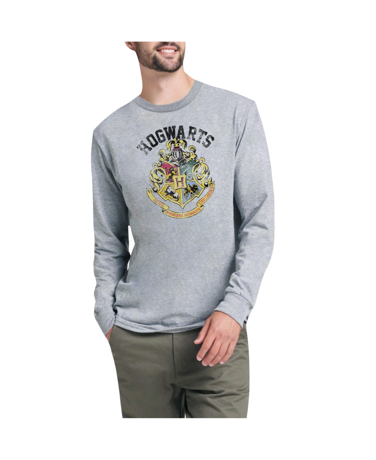 Mens Hogwarts Crest Long Sleeve Adult Tee / T-Shirt - Medium grey