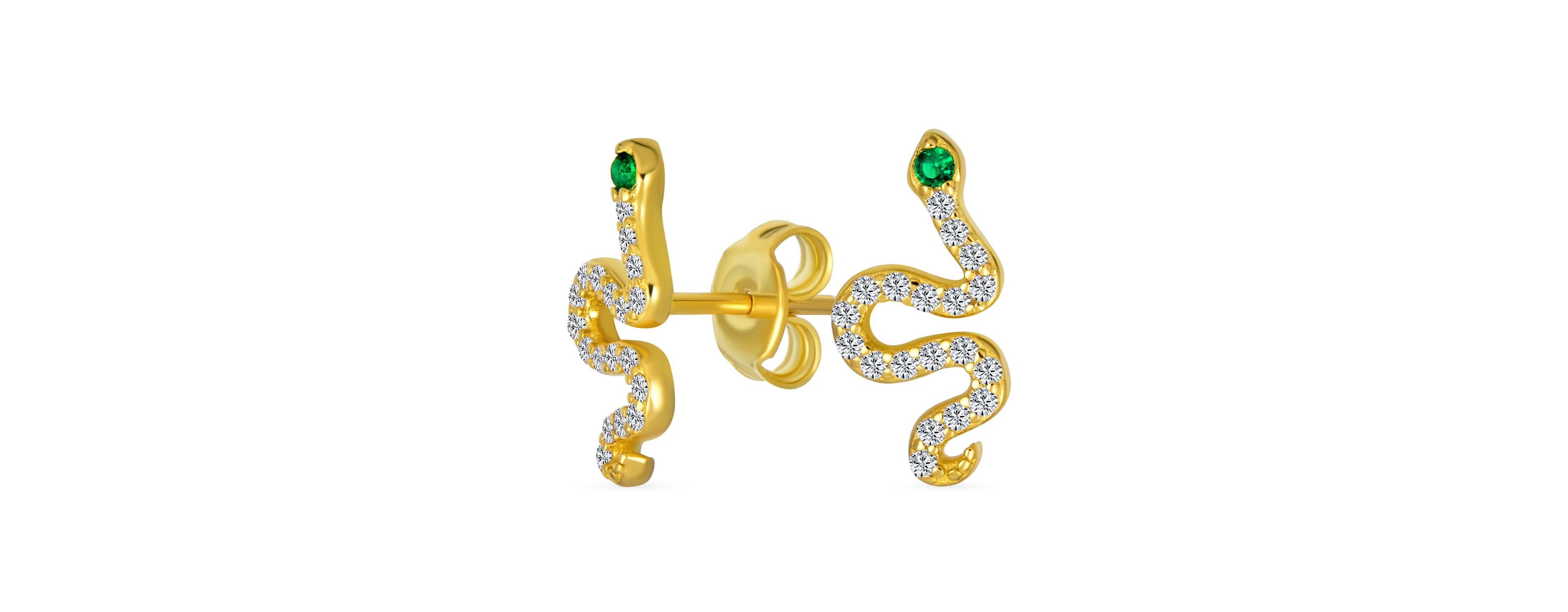 Bling Jewelry Minimalist Cz Stud Earrings Green Eyed Serpent Snake in Gold Plated Silver