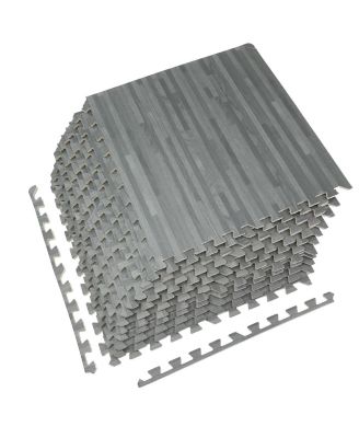 3/8-Inch Thick 96 Sq. Ft. Wood Grain Floor Foam EVA Interlocking Mats Tiles w/ Borders - for Home, Playroom, Basement, Trade Show