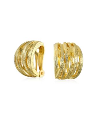 Fashion Open Criss Cross Basket Weave Wide Half Hoop Clip On Earrings For Non Pierced Ears Matte Gold Plated