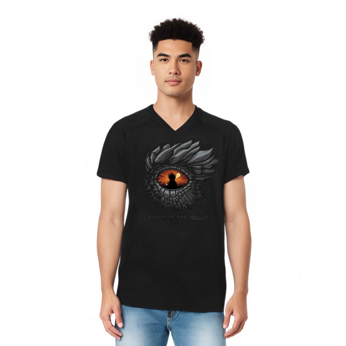 Men's Eye Of The Dragon Short Sleeve Adult V Neck Premium Cotton Tee / T-Shirt - Black