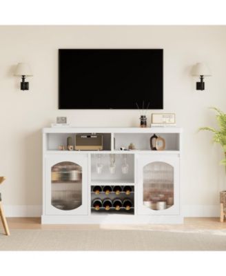 Modern Coffee Cabinet with Led Lights, White Bar Cabinet with 2 Glass Doors