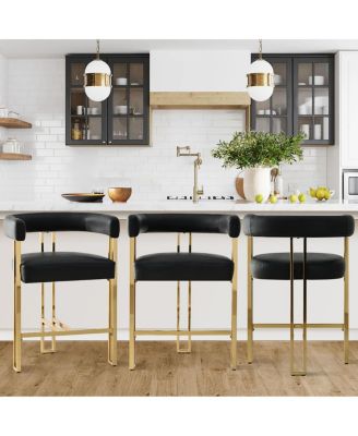 Set of 3 Faux Leather Counter Stools–Curved Armrests, Gold Legs, Modern Design for Kitchen & Bar
